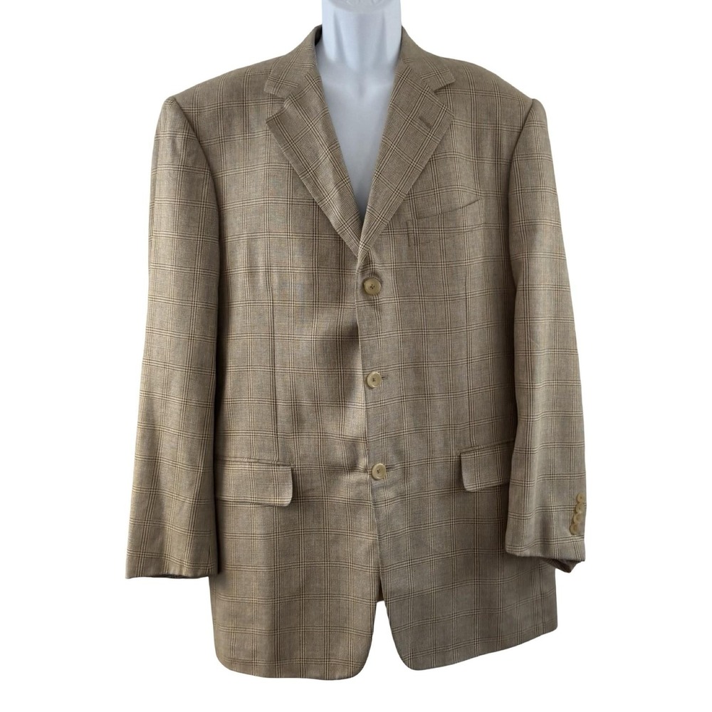 Pal Zileri Sport Coat Mens 54 US 42 Beige Silk Wool Check 3 Button Italy Summer